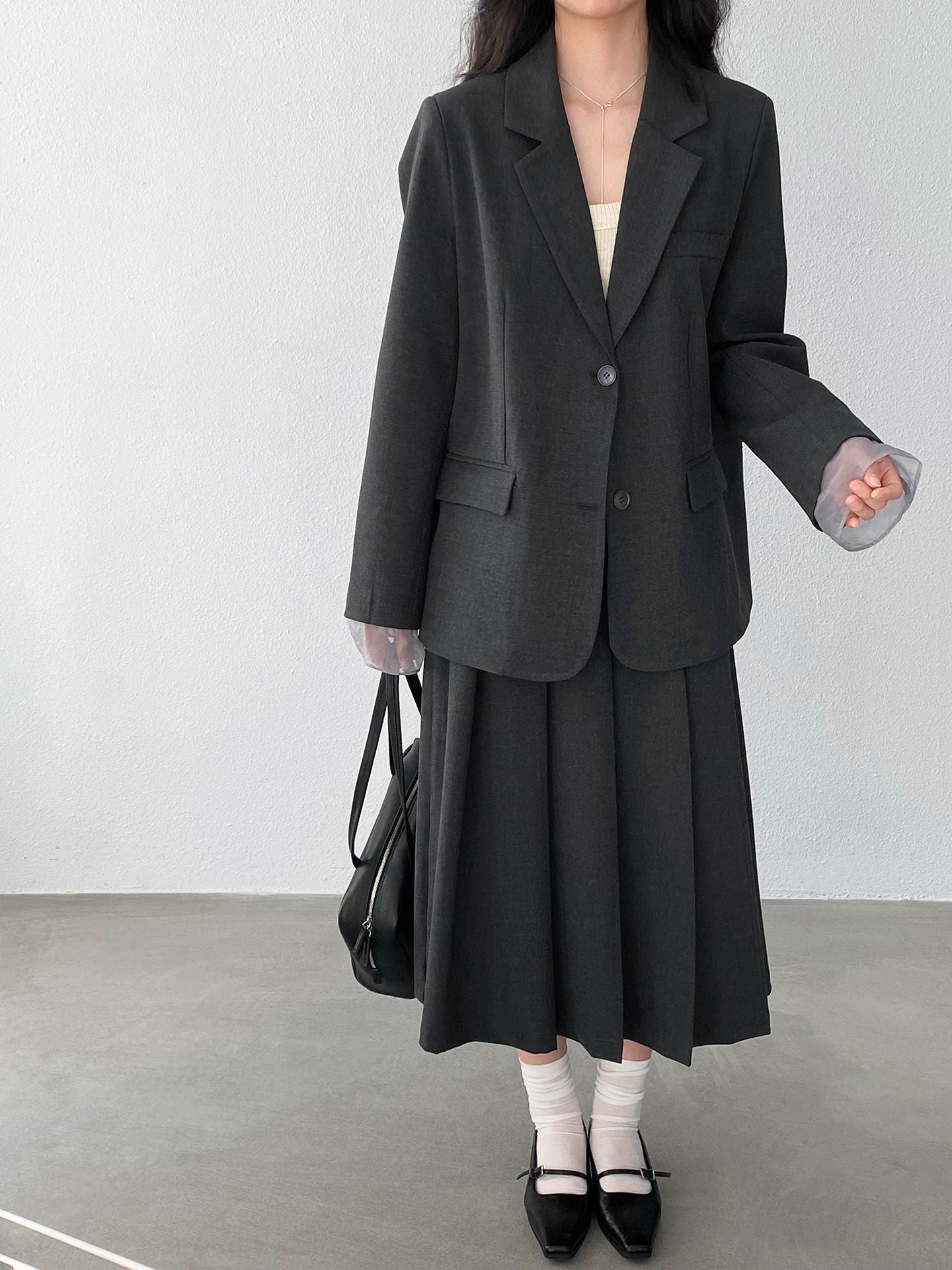 【cimz1769】實拍灰色手袖網紗西裝外套260122