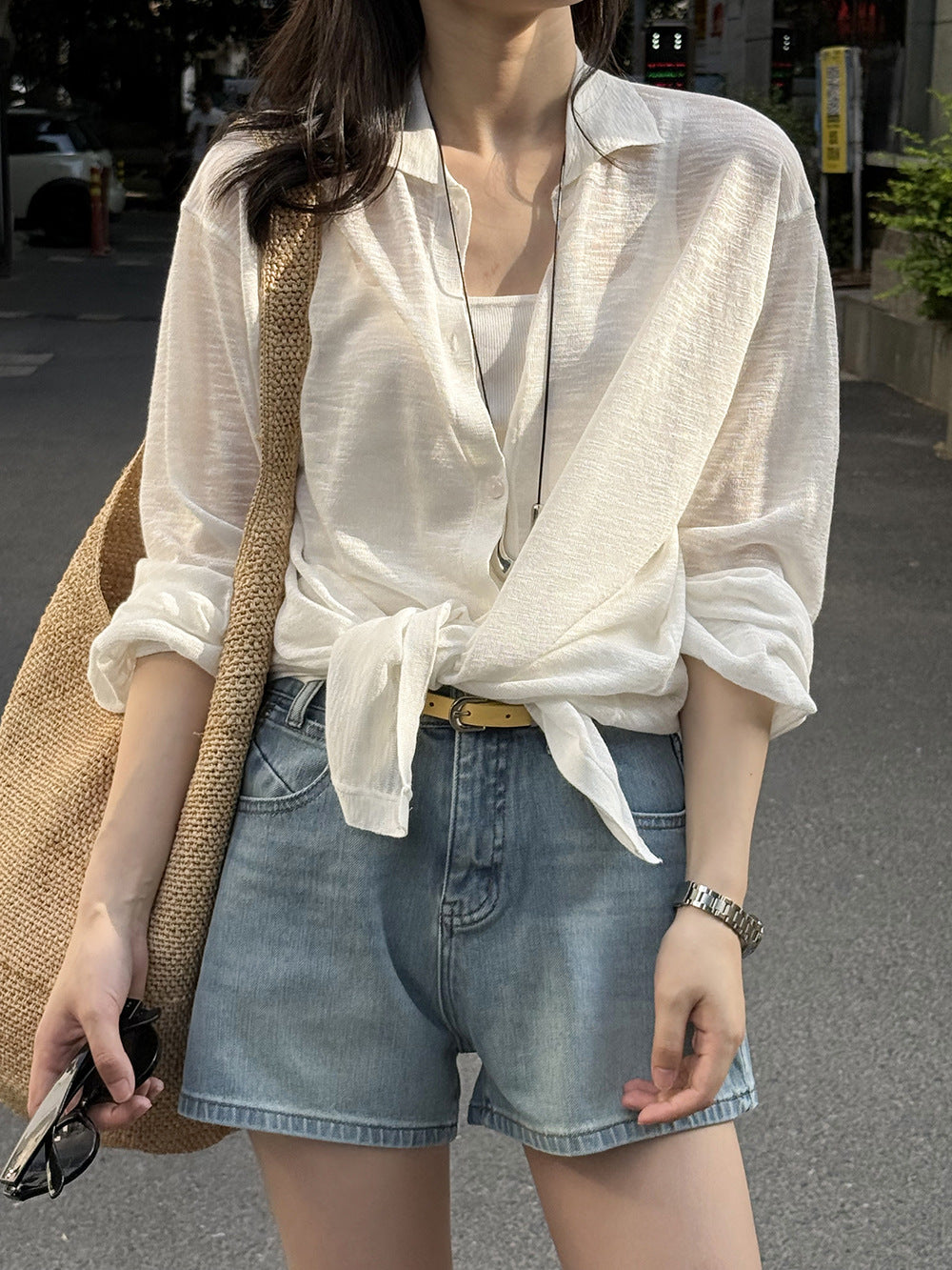 【YP298】實拍夏季輕透竹節麻防曬針織襯衫250515