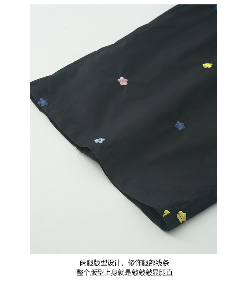 【H5335】實拍夏寬鬆刺繡小花直筒褲250624