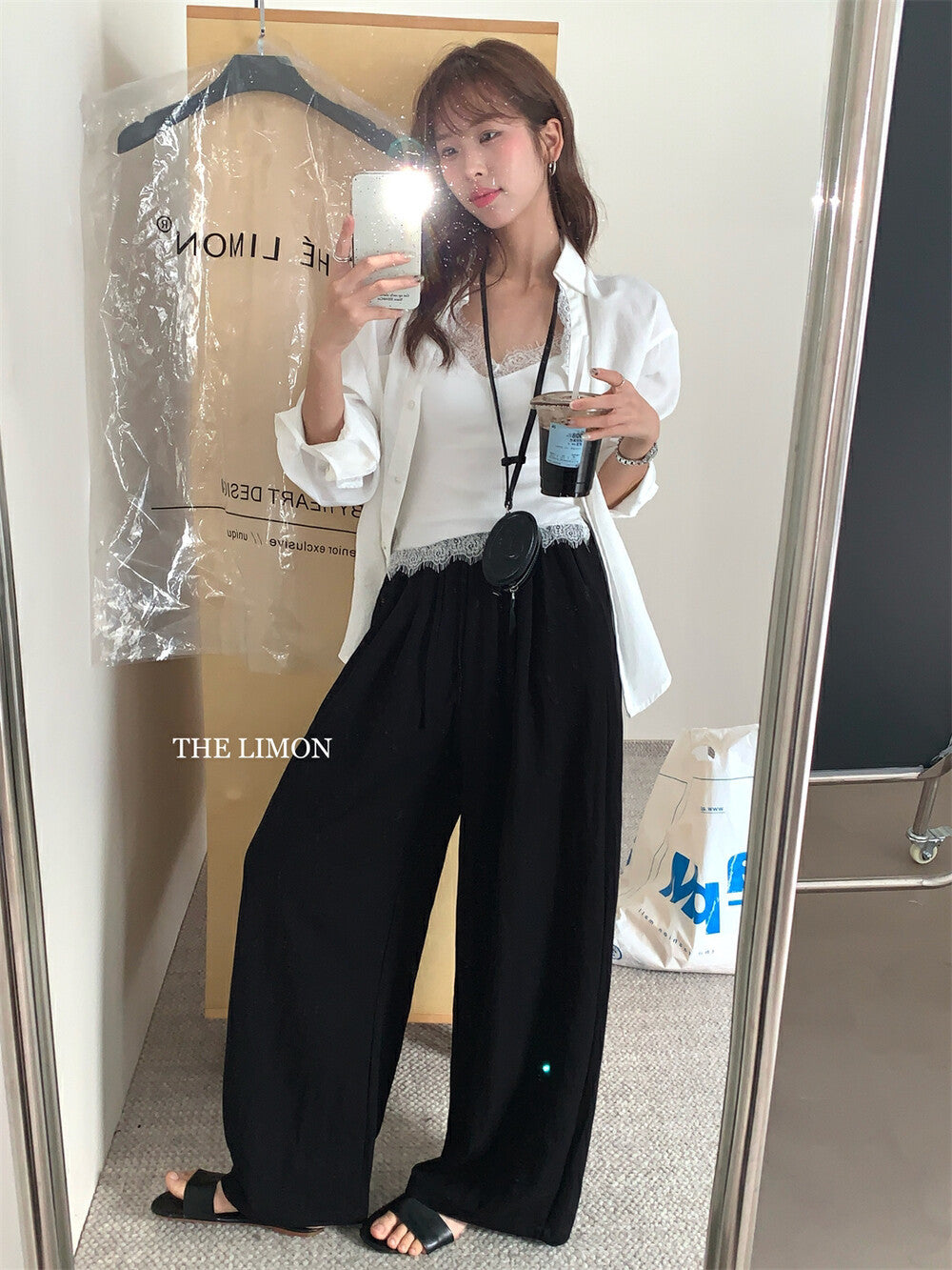 【L8501】實拍檸檬簡約舒適抽繩闊腿褲250414