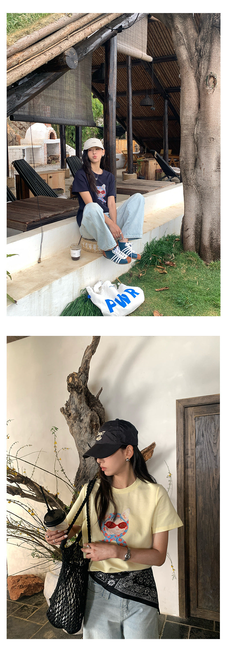 【H5195】實拍夏天帶一隻貓咪印花圓領短袖T恤250415