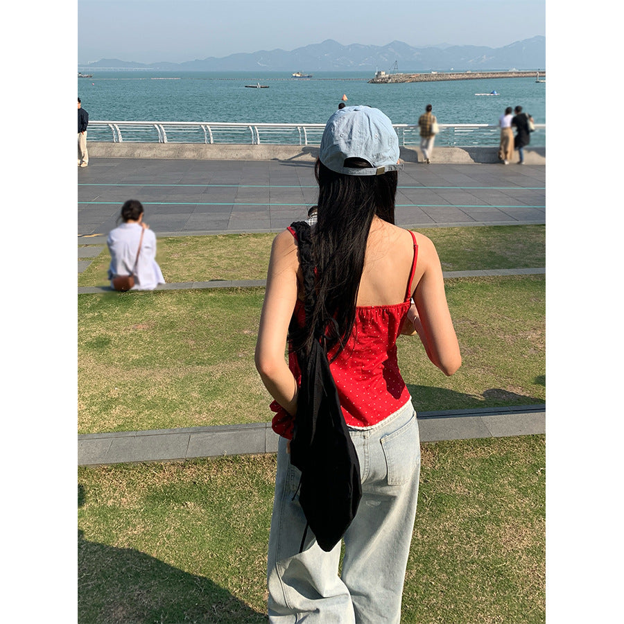 【H5159】實拍夏天棉麻點點吊帶背心+髮圈250331