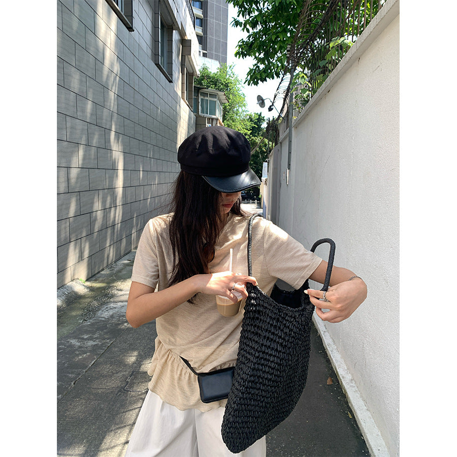 【H5375】實拍燕麥色荷葉下擺短袖T250715