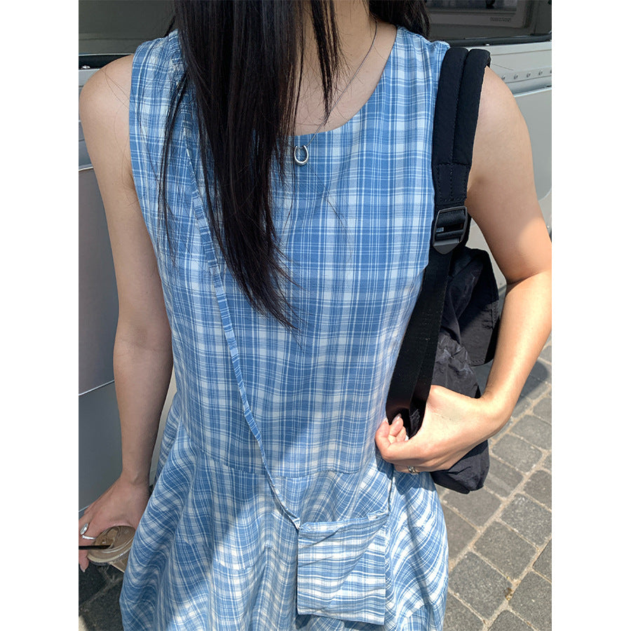 【H5290】實拍夏天韓國復古藍格個性花苞長洋裝+小包250603