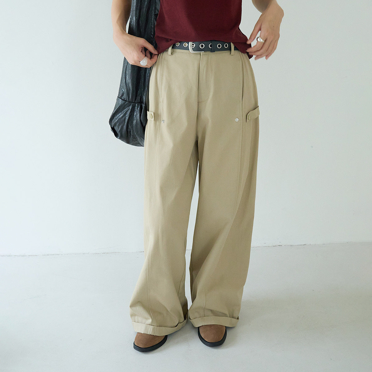 【L3121】實拍美式工裝闊腿休閒褲+朋克風腰帶250825
