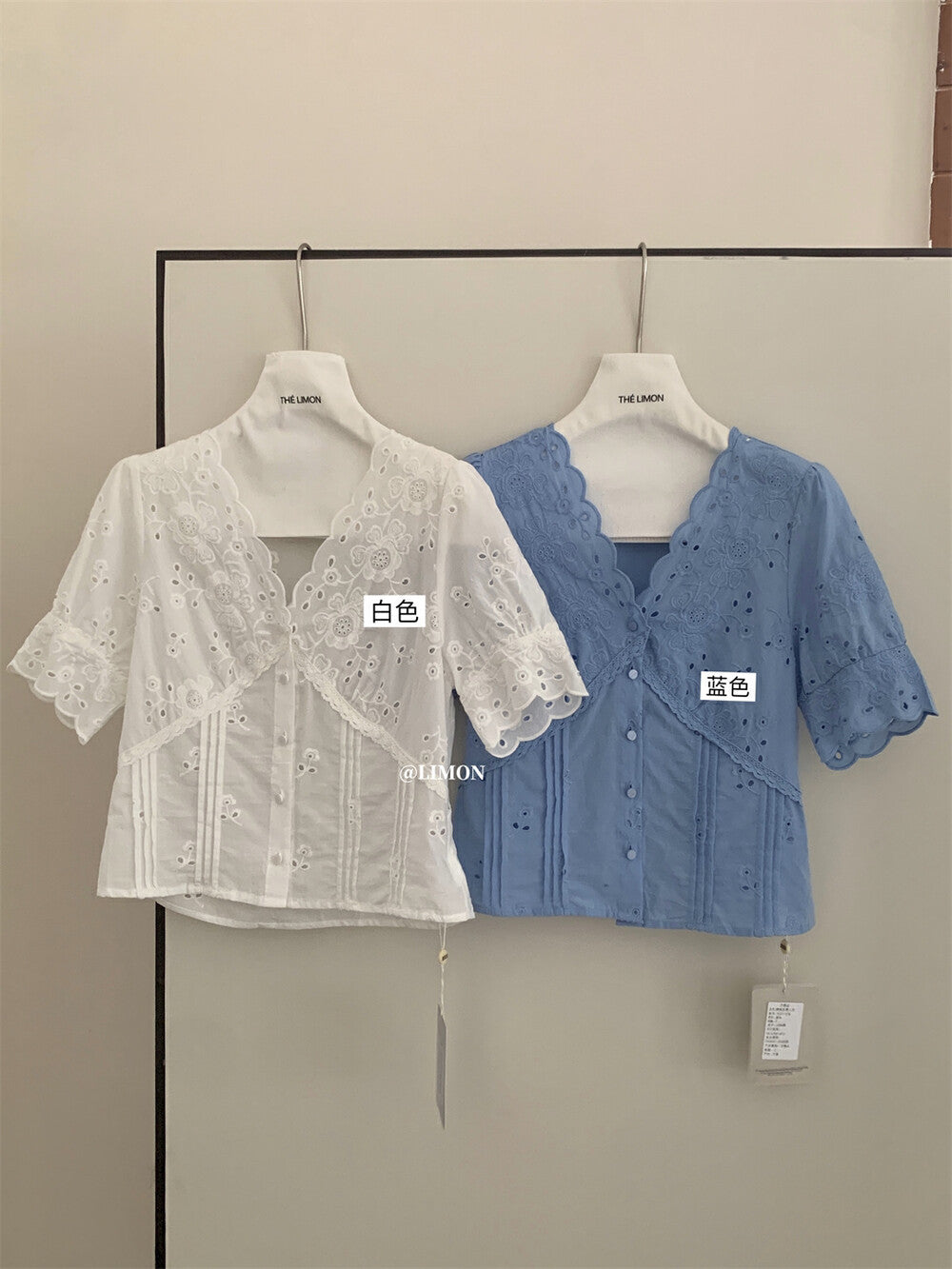 【L8377】實拍夏季收腰V領蕾絲短袖襯衫250505