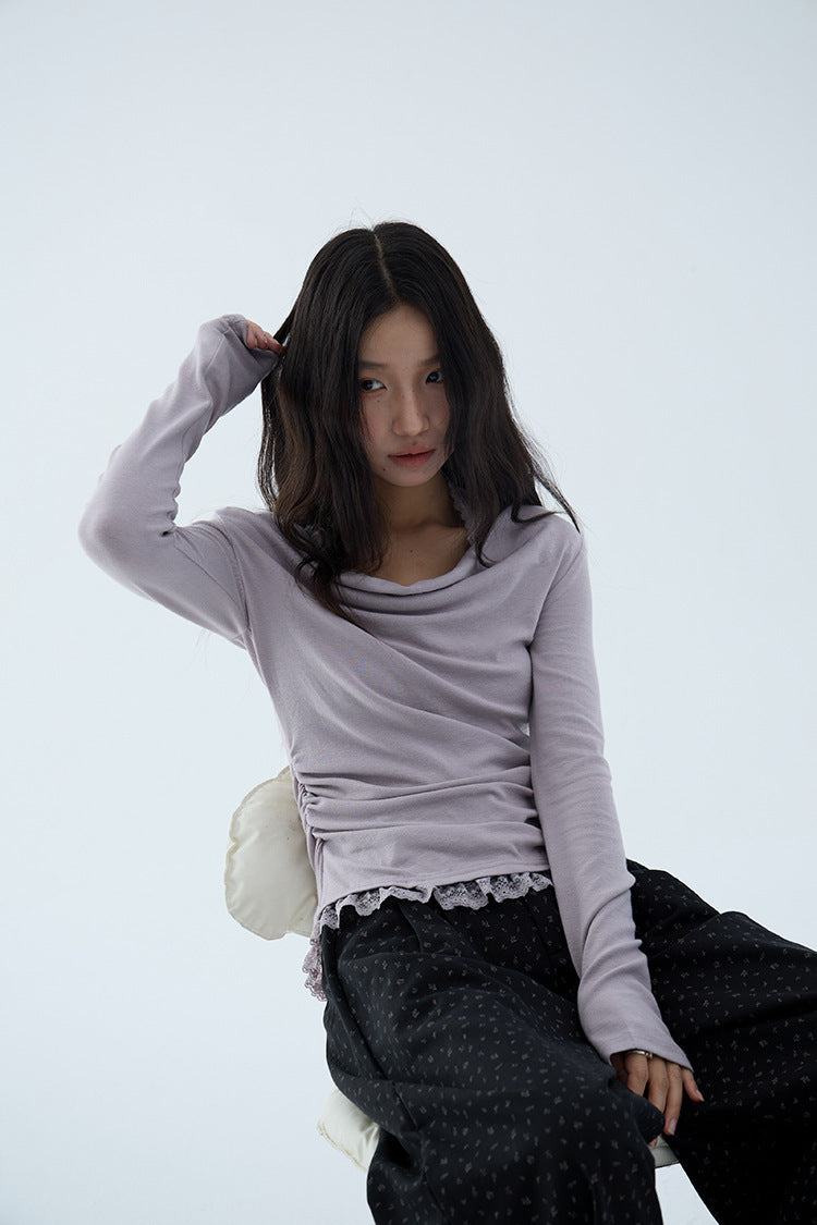 【L3140】實拍初秋極美蕩領蕾絲掛脖假兩件長袖T恤250827
