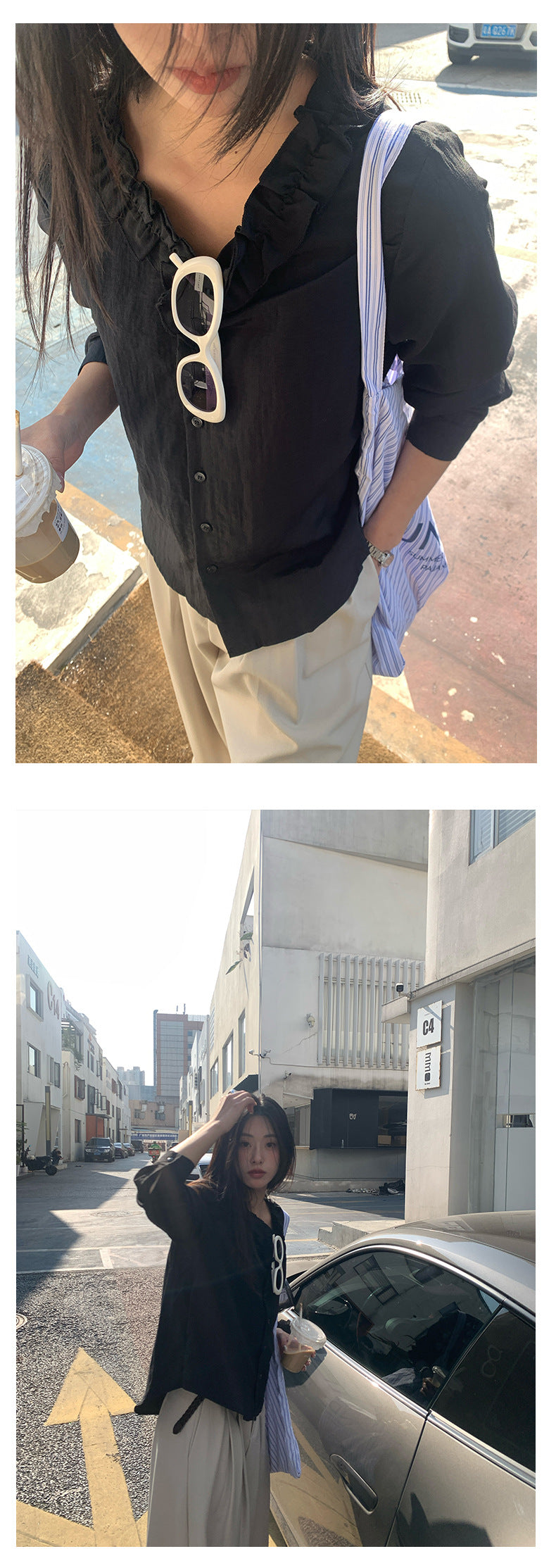 【H5021】實拍法式小清新荷葉V領長袖襯衫250210