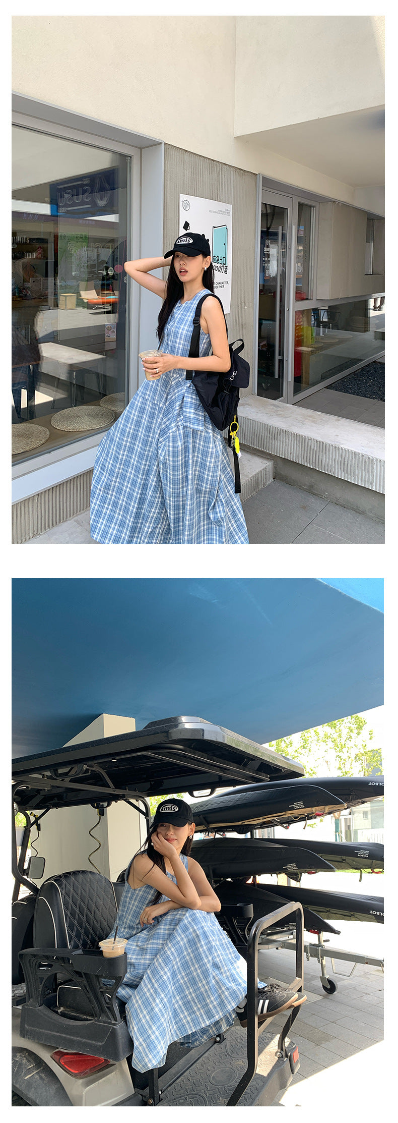 【H5290】實拍夏天韓國復古藍格個性花苞長洋裝+小包250603