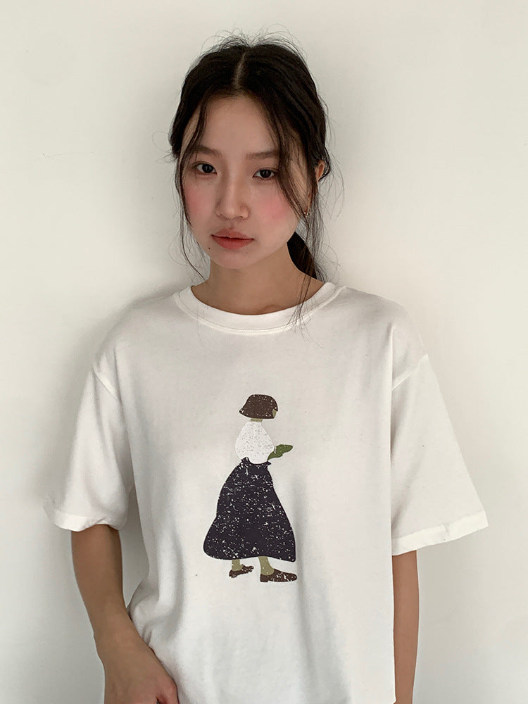 【LD3244】實拍文藝女孩磨毛短袖T恤251006