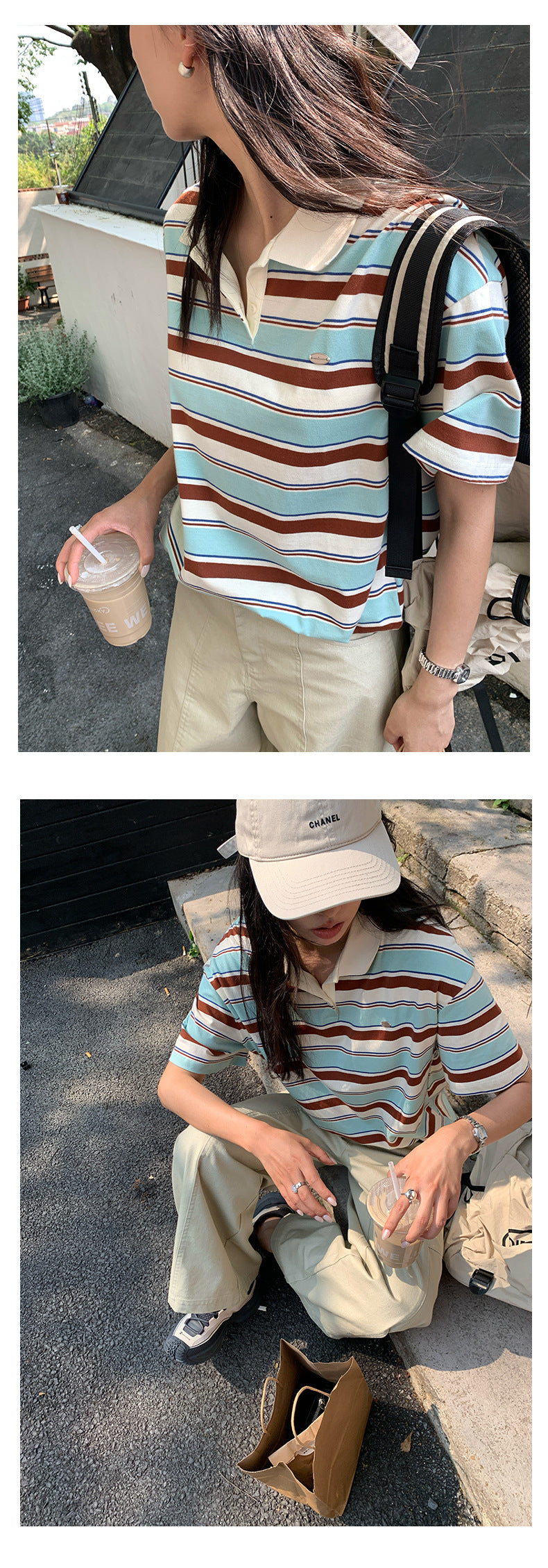 【H5169】實拍夏天復古條紋polo領寬鬆T恤250407