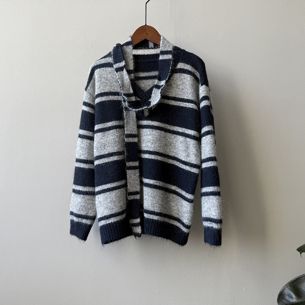 【Y25109】 實拍慵懶條紋V領毛衣+圍巾(含羊毛3%) 251023