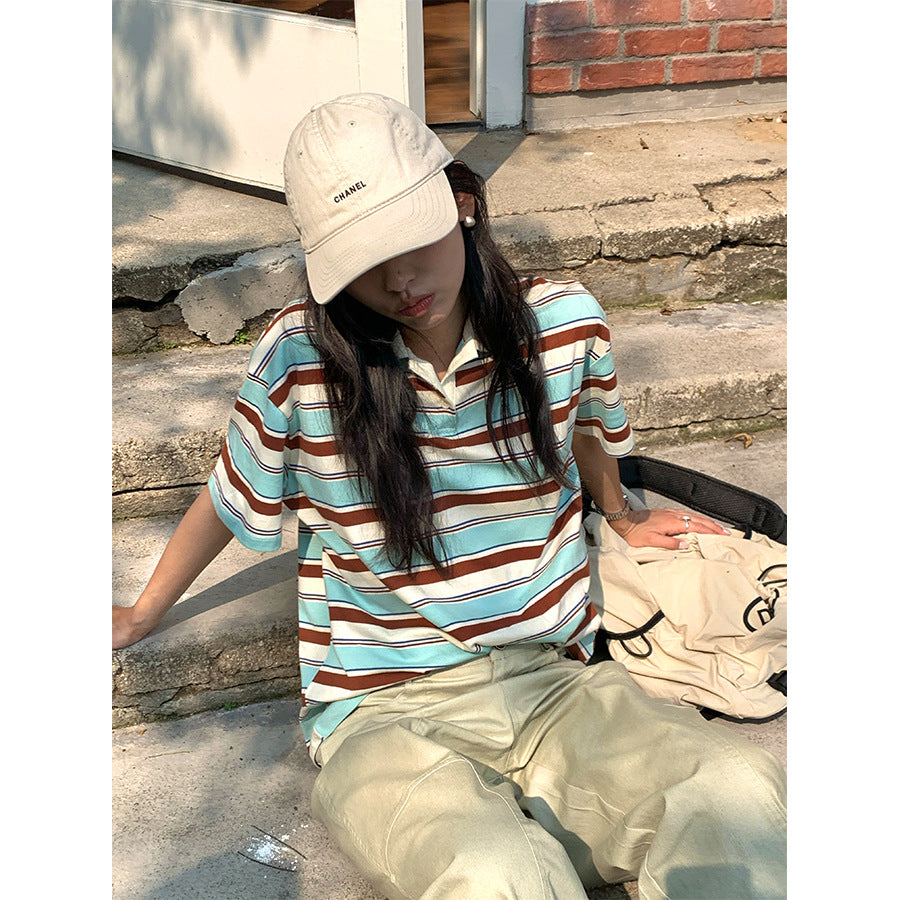 【H5169】實拍夏天復古條紋polo領寬鬆T恤250407