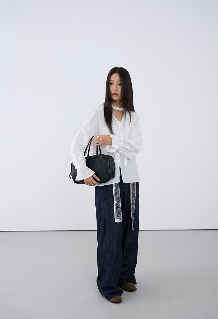 【LD3160】實拍法式氣質荷葉長袖襯衫飄帶250908