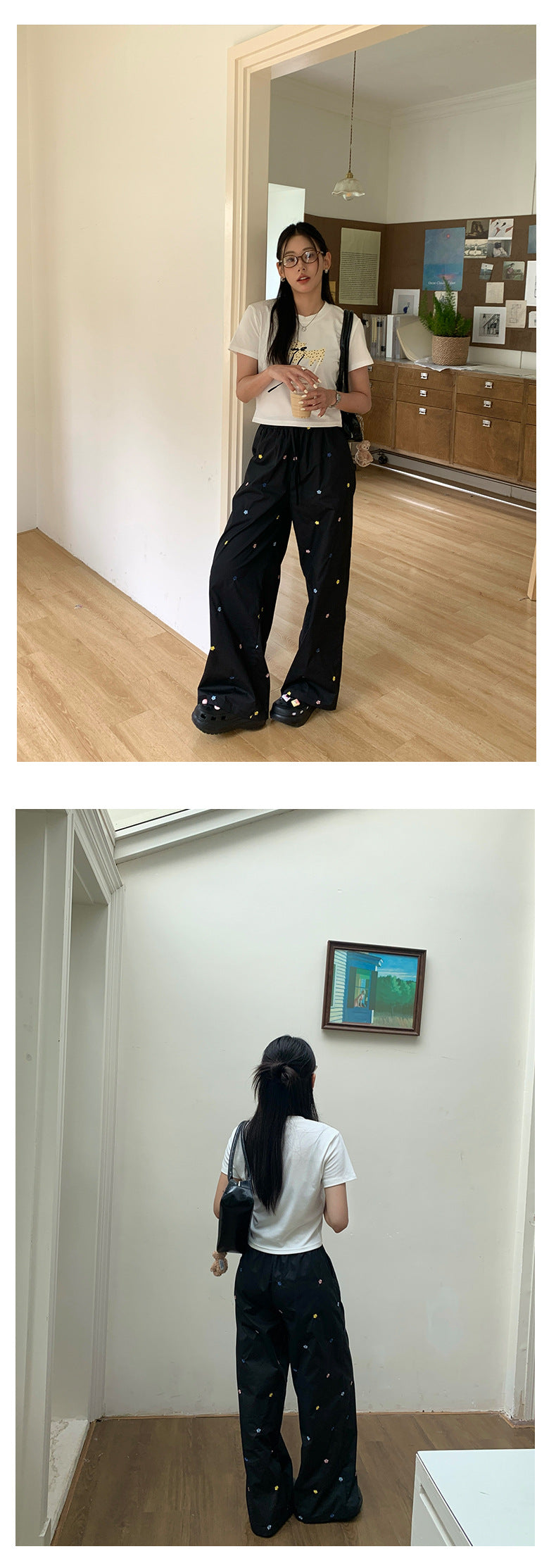 【H5335】實拍夏寬鬆刺繡小花直筒褲250624