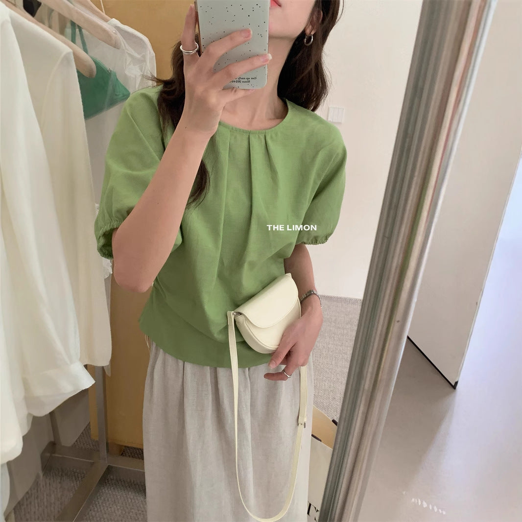 【LTM1057】實拍檸檬夏法式褶皺棉麻後背綁帶襯衫250519