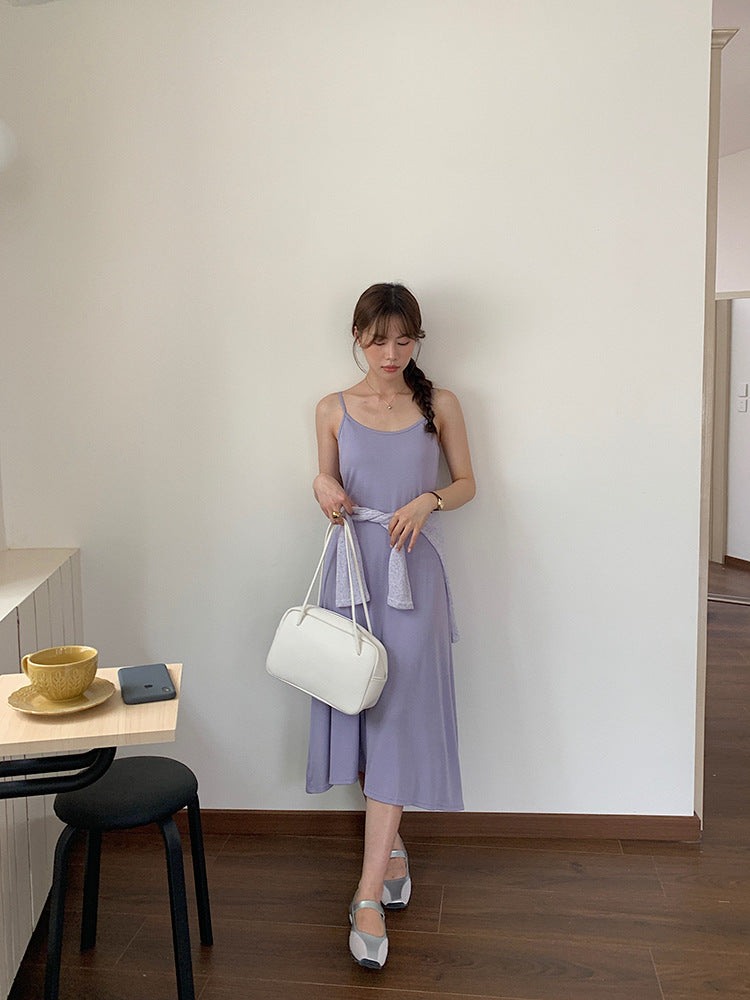 【L9986】實拍隨性紫羅蘭 吊帶洋裝+薄款防曬罩衫 2件套250825