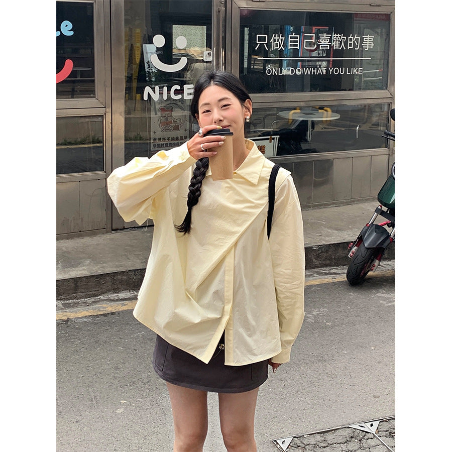 【H5106】實拍韓版設計款不規則翻領長袖襯衫250310