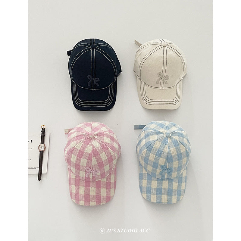 【M411】韓國小眾立體蝴蝶結刺繡格子鴨舌帽240323