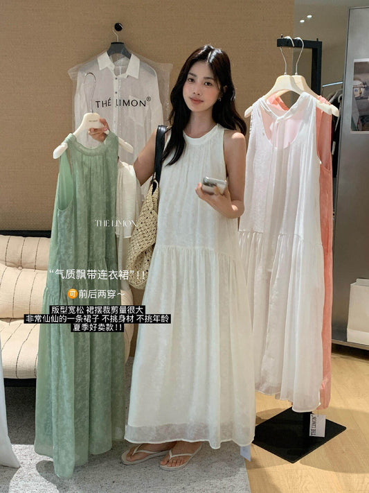 【L10672】夏日度假女神🌴氣質前後兩穿飄帶大裙襬中長版無袖洋裝260518