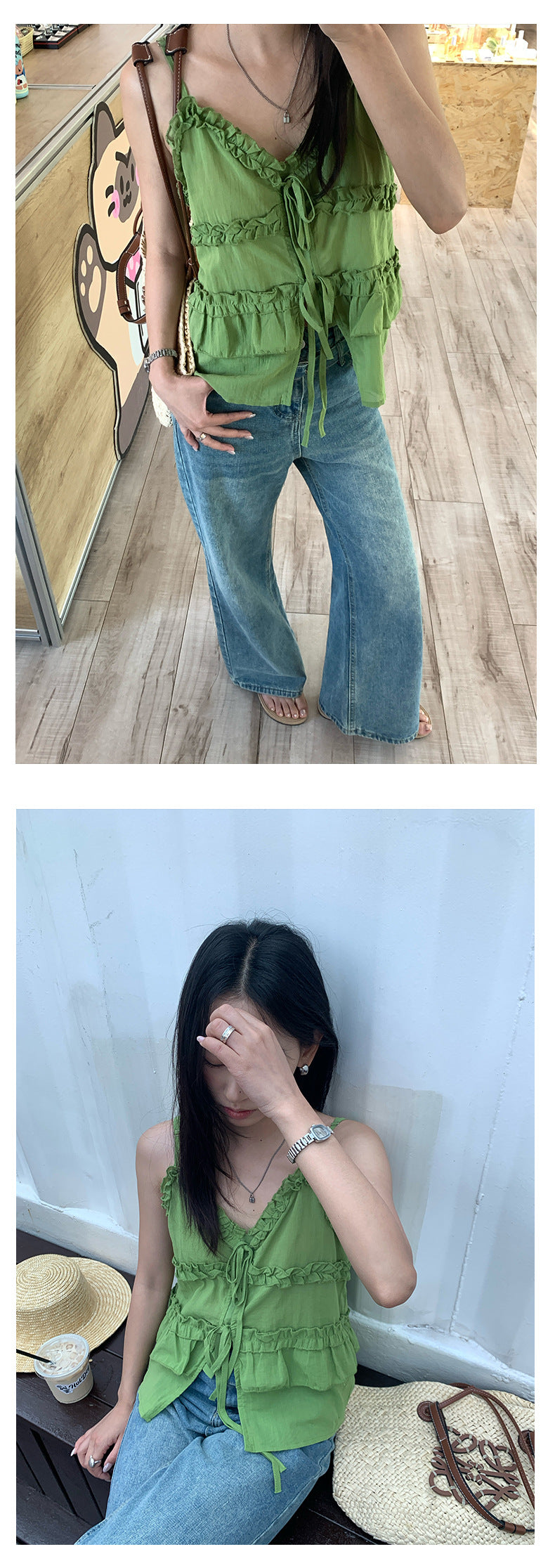 【H5304】 實拍韓國小清新荷葉V領上衣250610