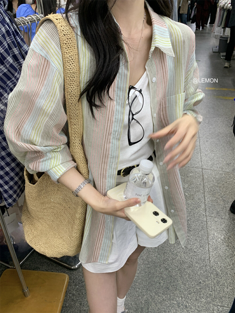 【L8505】實拍檸檬復古中性條紋長袖襯衫250414