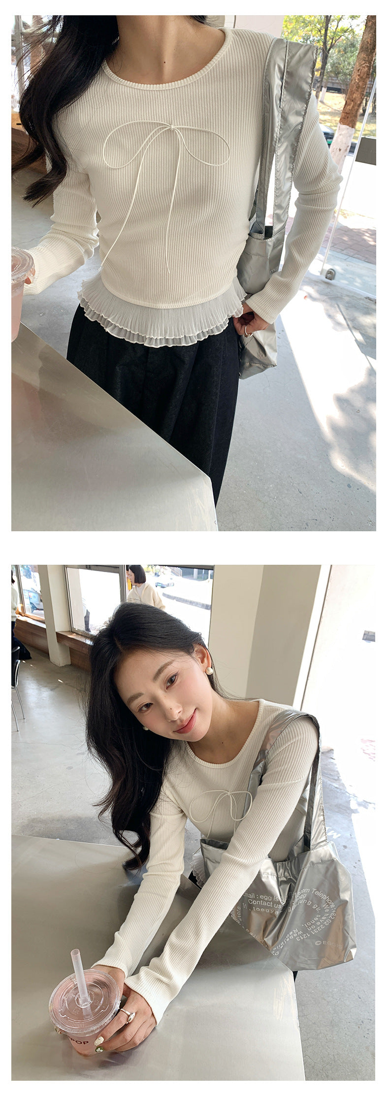 【H5063】實拍春夏氣質款蝴蝶結蕾絲長袖T恤250224