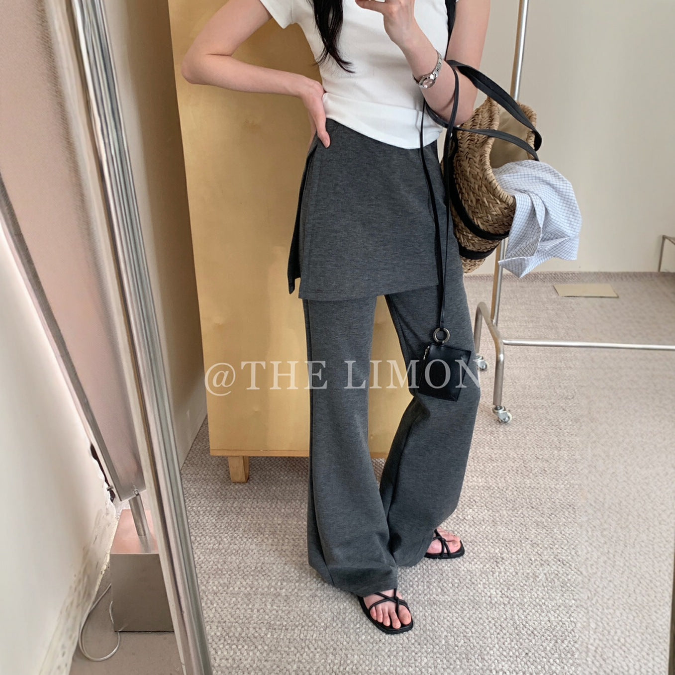 【L8385】實拍檸檬假兩件高腰顯瘦屁簾微喇褲250414