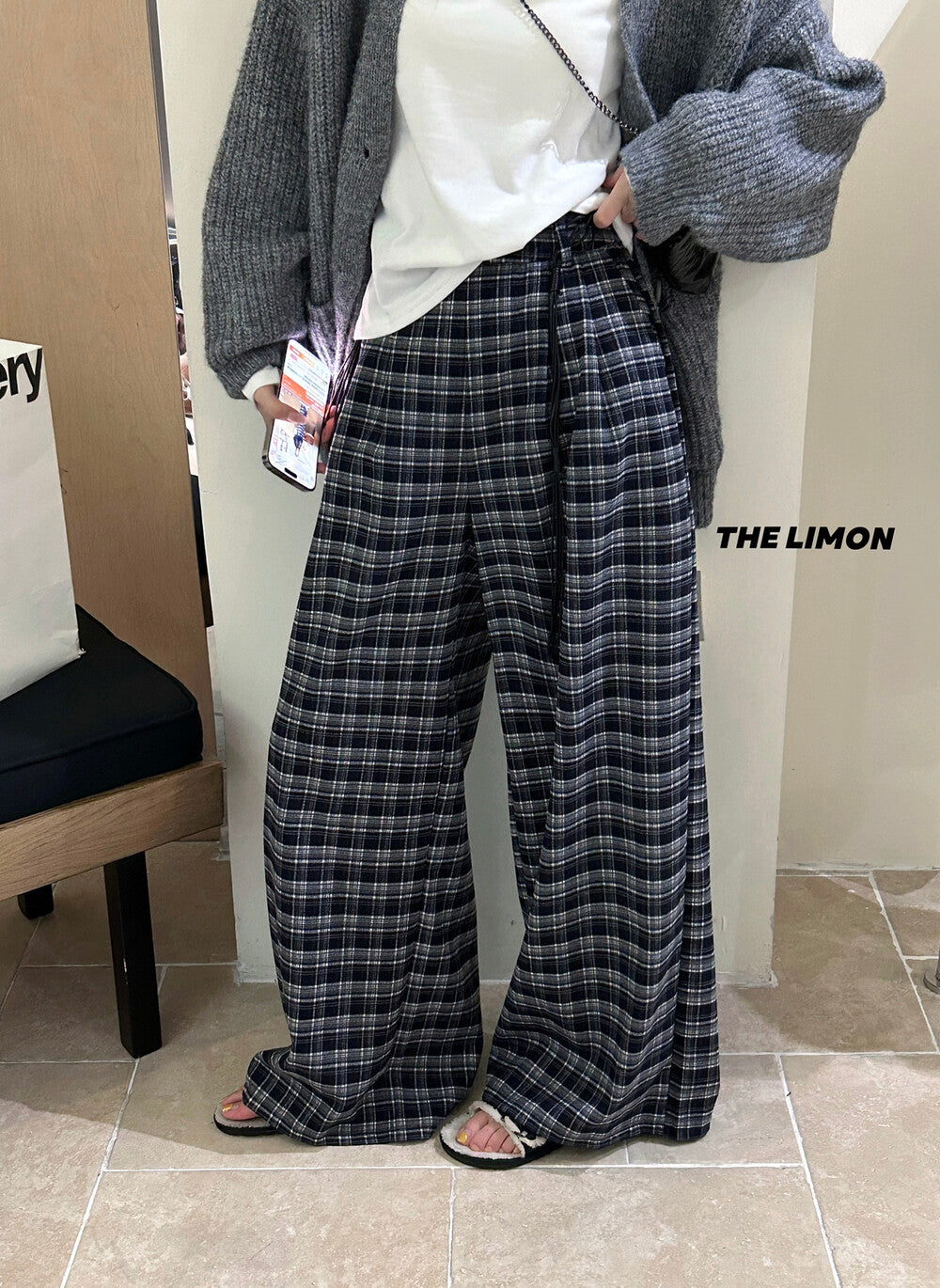 【L1133】實拍檸檬秋季格紋磨毛高腰闊腿褲+腰帶250930