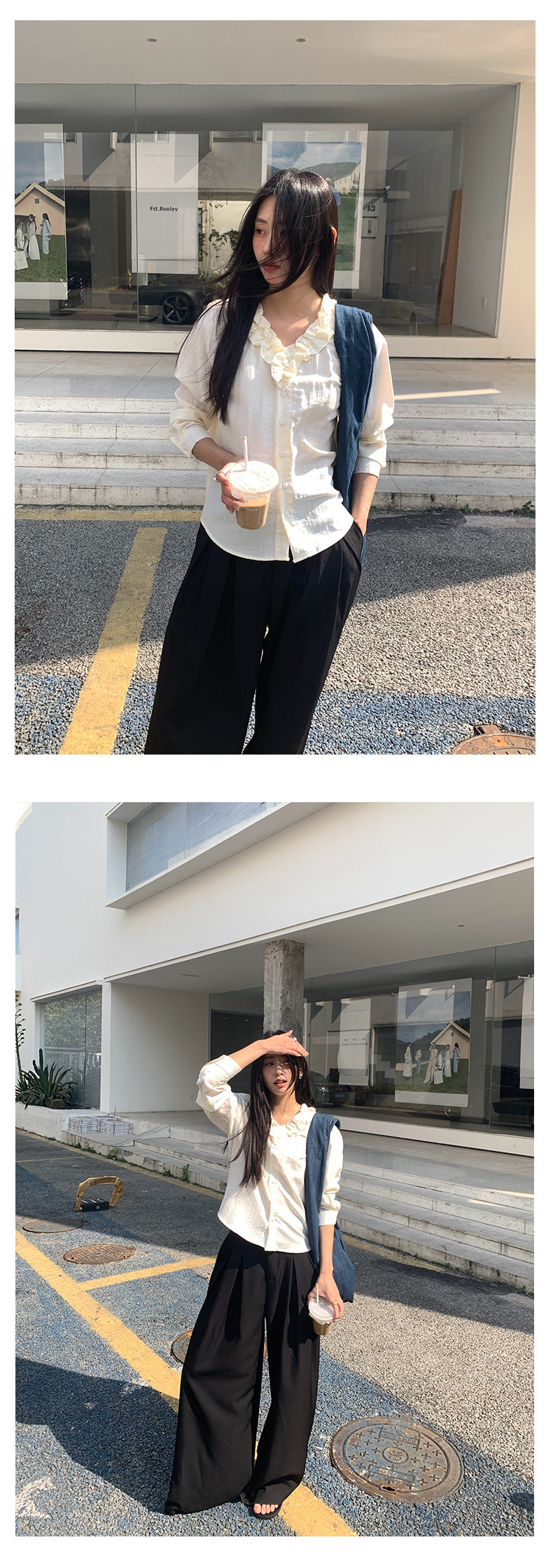 【H5021】實拍法式小清新荷葉V領長袖襯衫250210