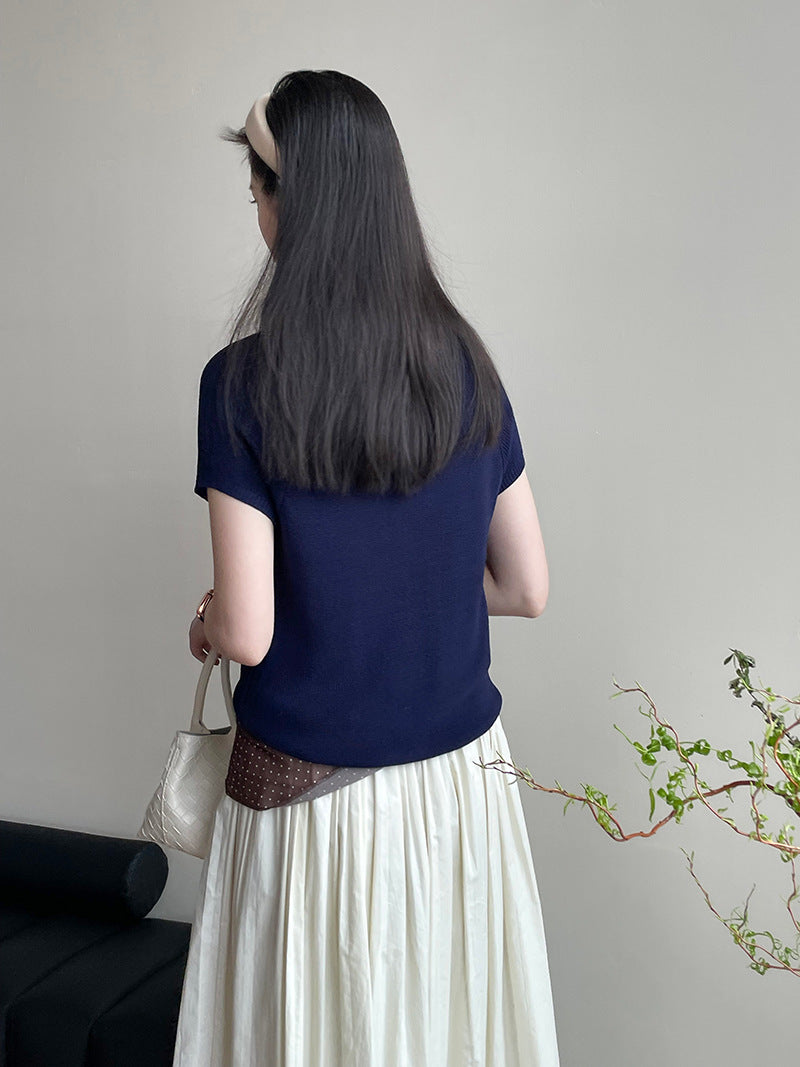 【cimYL123】實拍春夏天絲亞麻針織短袖(精緻包扣)250403
