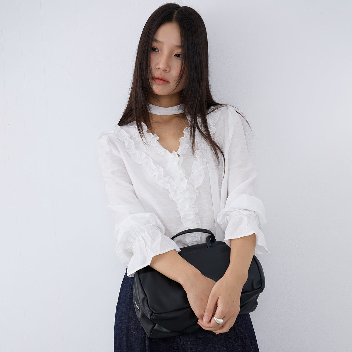 【LD3160】實拍法式氣質荷葉長袖襯衫飄帶250908