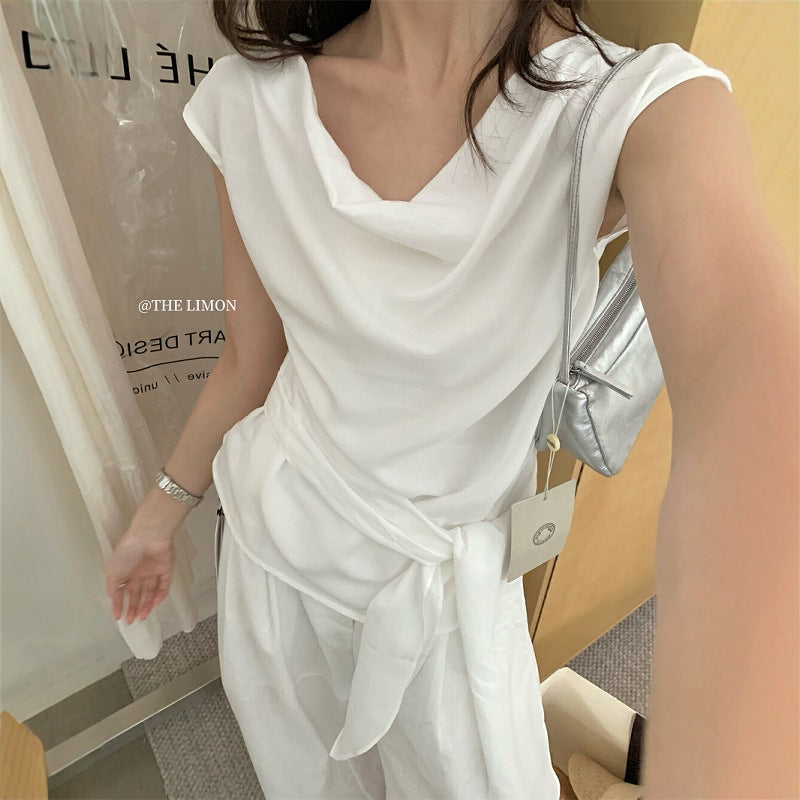 【L8770】實拍檸檬温柔斜肩天絲側繫帶上衣250519