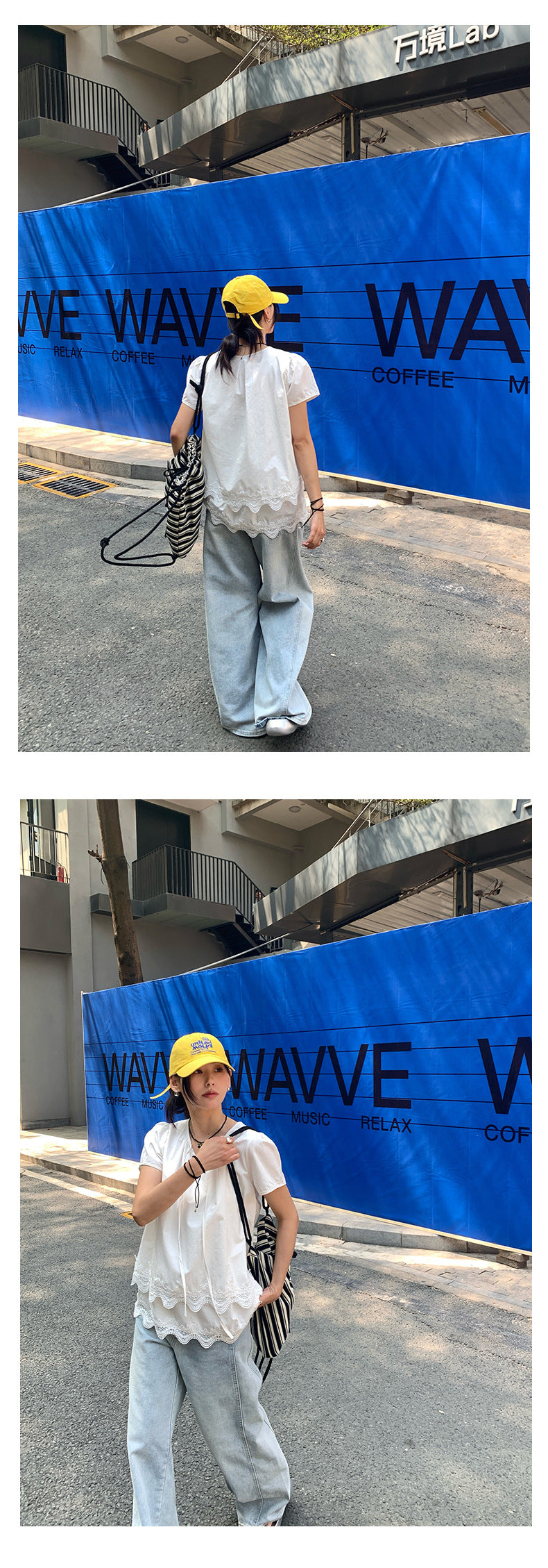 【H5152】實拍春夏清新氣質繫帶短袖蕾絲上衣250331