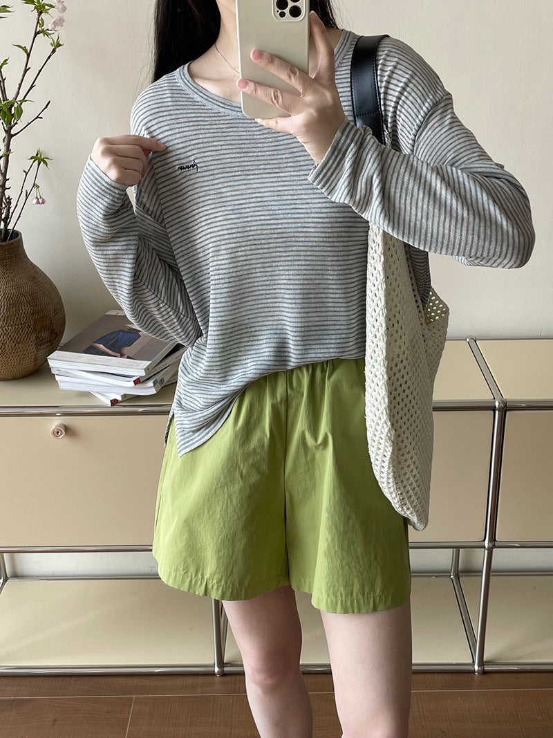 【cimXS8103】實拍條紋刺繡長袖冰絲T恤250417