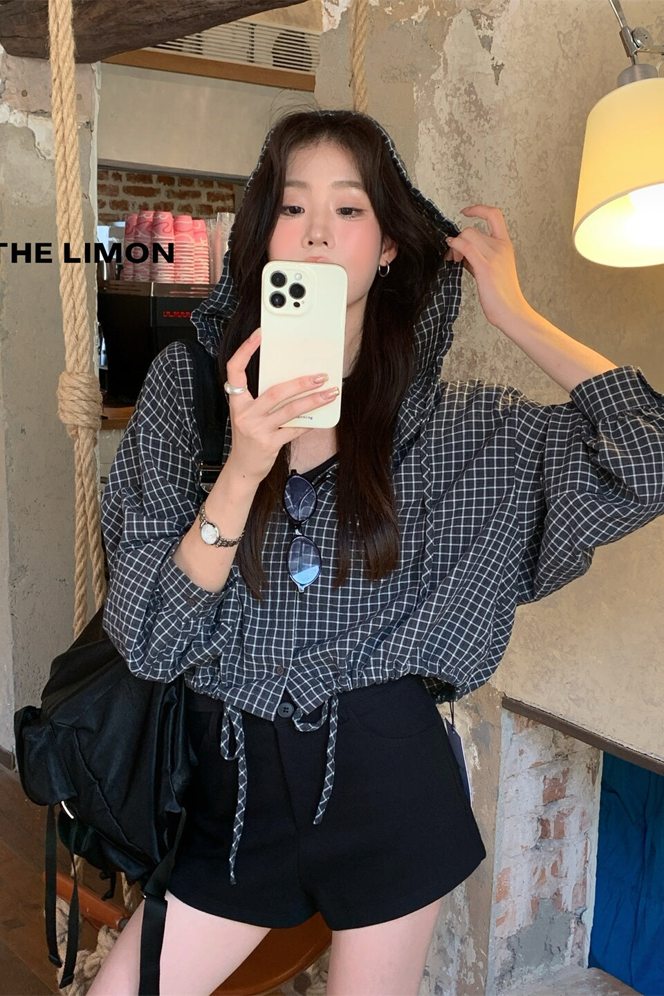 【L9026】實拍檸檬家休閒連帽抽繩格紋長袖襯衫250901