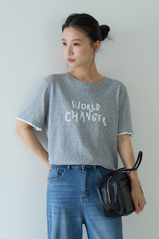 【LD11259】休閒百搭款!韓系個性刺繡字母花邊/荷葉袖寬鬆短袖上衣260512