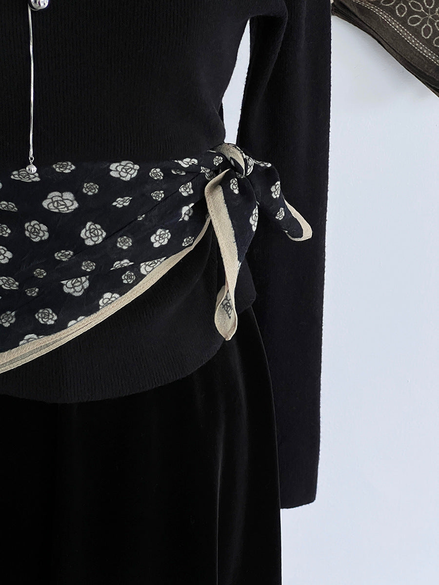 【cim865】實拍黑標100綿羊毛復古山茶花小方巾法式頭巾圍巾 251030