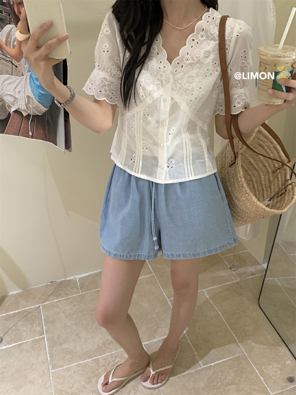 【L8377】實拍夏季收腰V領蕾絲短袖襯衫250505
