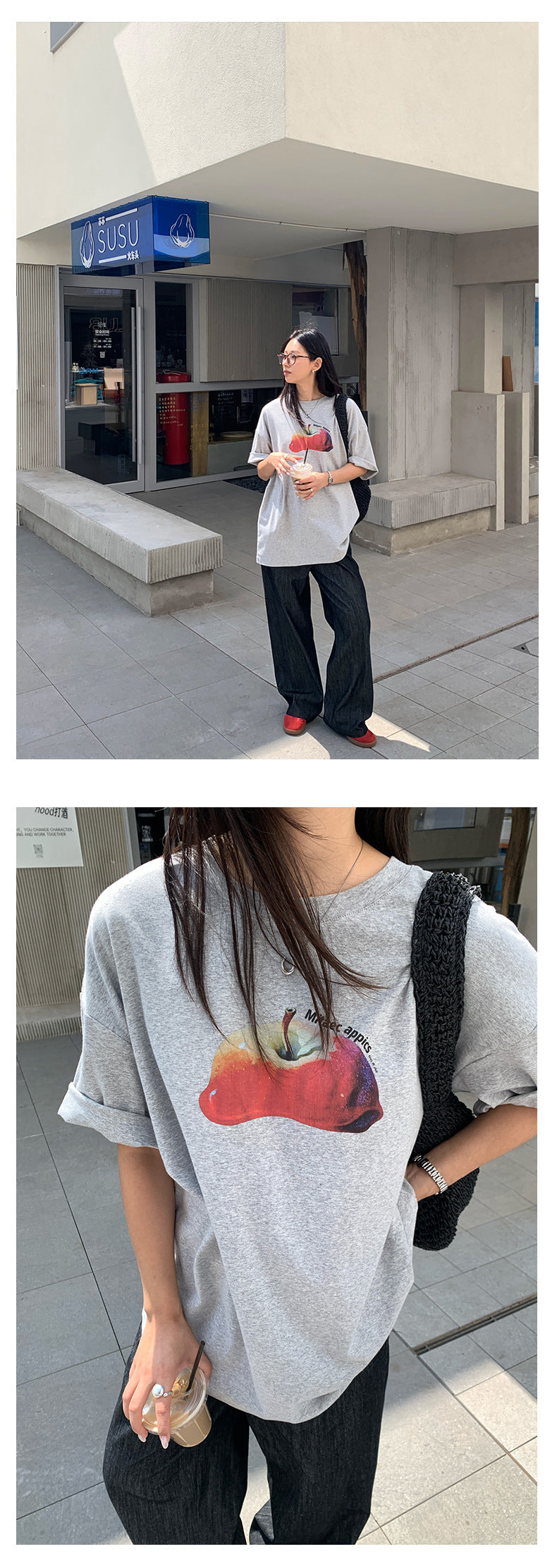 【H5285】實拍夏天韓國蘋果印花大版短袖寬鬆T恤250603