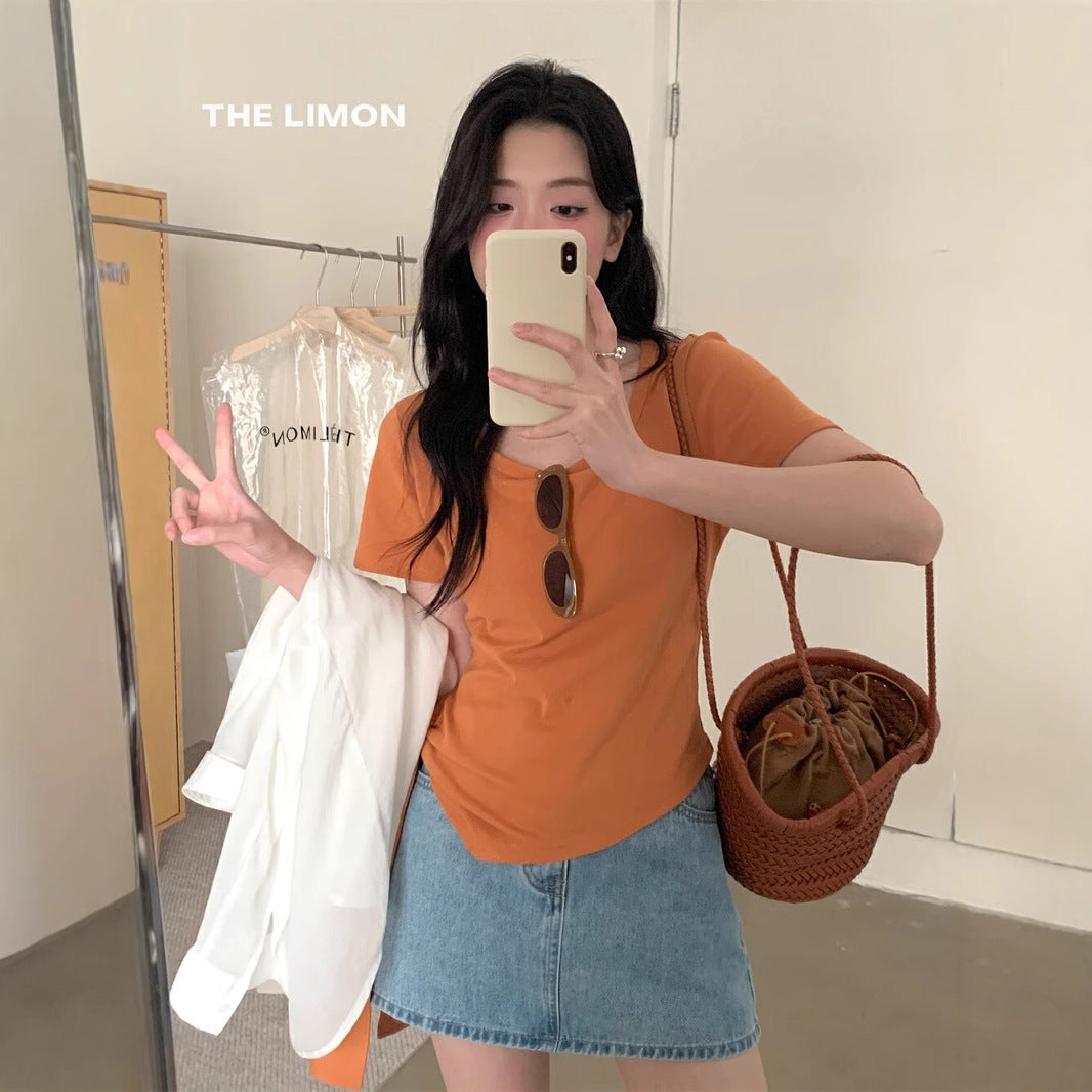 【L8668】實拍檸檬圓領綁帶不規則短袖T恤250421