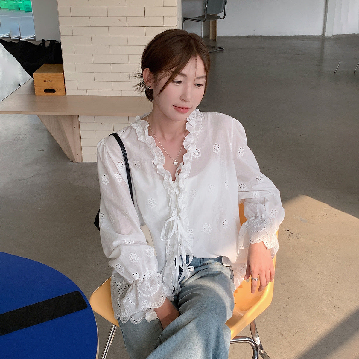 【L2757】實拍韓系氣質荷葉邊繫帶長袖罩衫250825