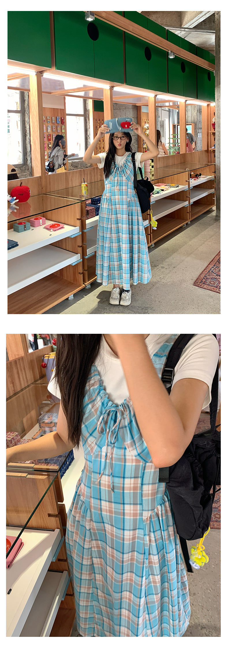 【H5228】實拍夏季清新甜美|格紋抽繩褶皺無袖連身裙250429
