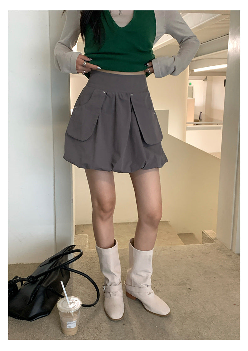 【H5419】實拍韓系美少女工裝褶皺高腰花苞裙250909