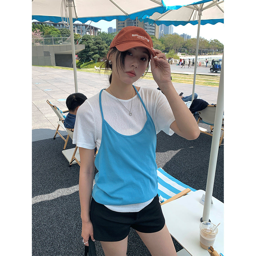 【H5157】實拍夏天掛脖吊帶+微透短袖T恤250331