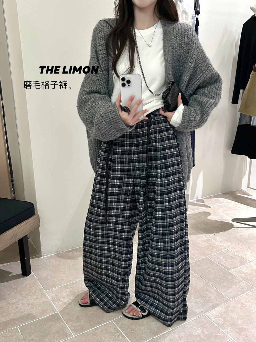【L1133】實拍檸檬秋季格紋磨毛高腰闊腿褲+腰帶250930