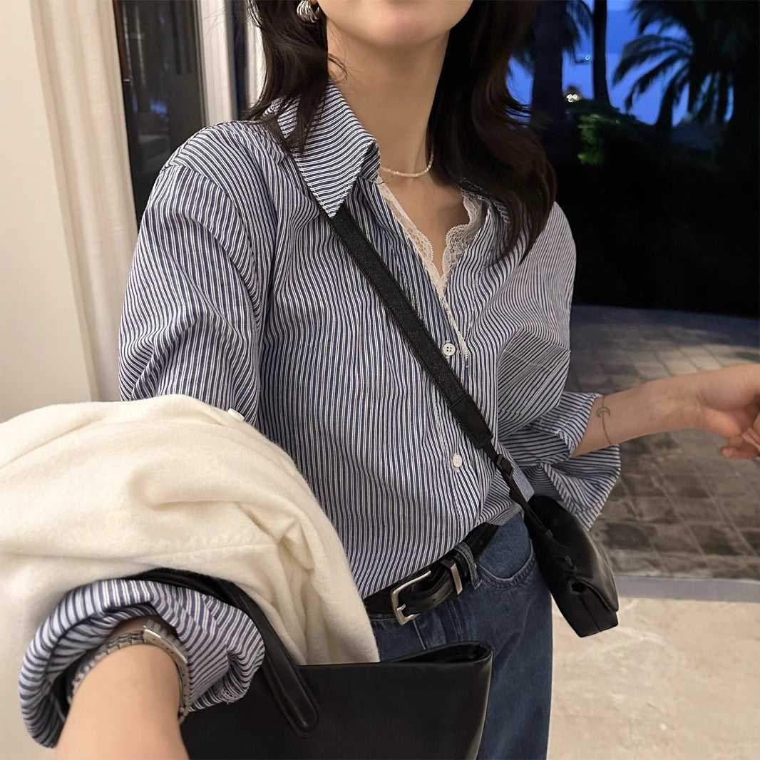 【L8133】實拍檸檬休閒法式蕾絲V領寬鬆長袖襯衫250414
