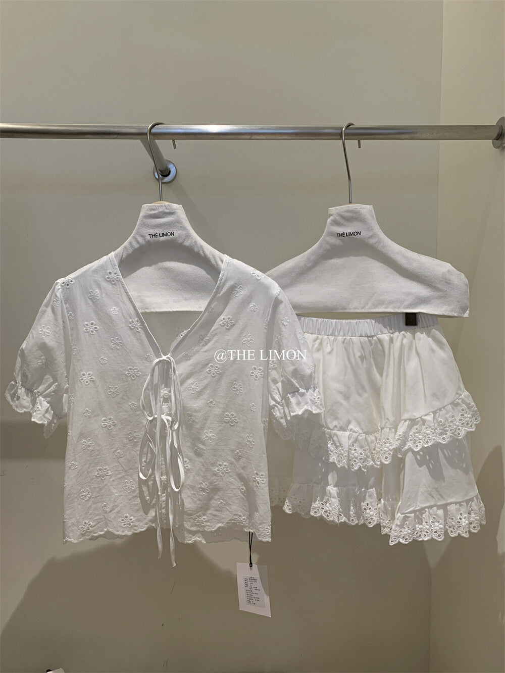 【L8679】實拍檸檬重工水溶刺繡上衣+蕾絲花邊裙 套裝250519