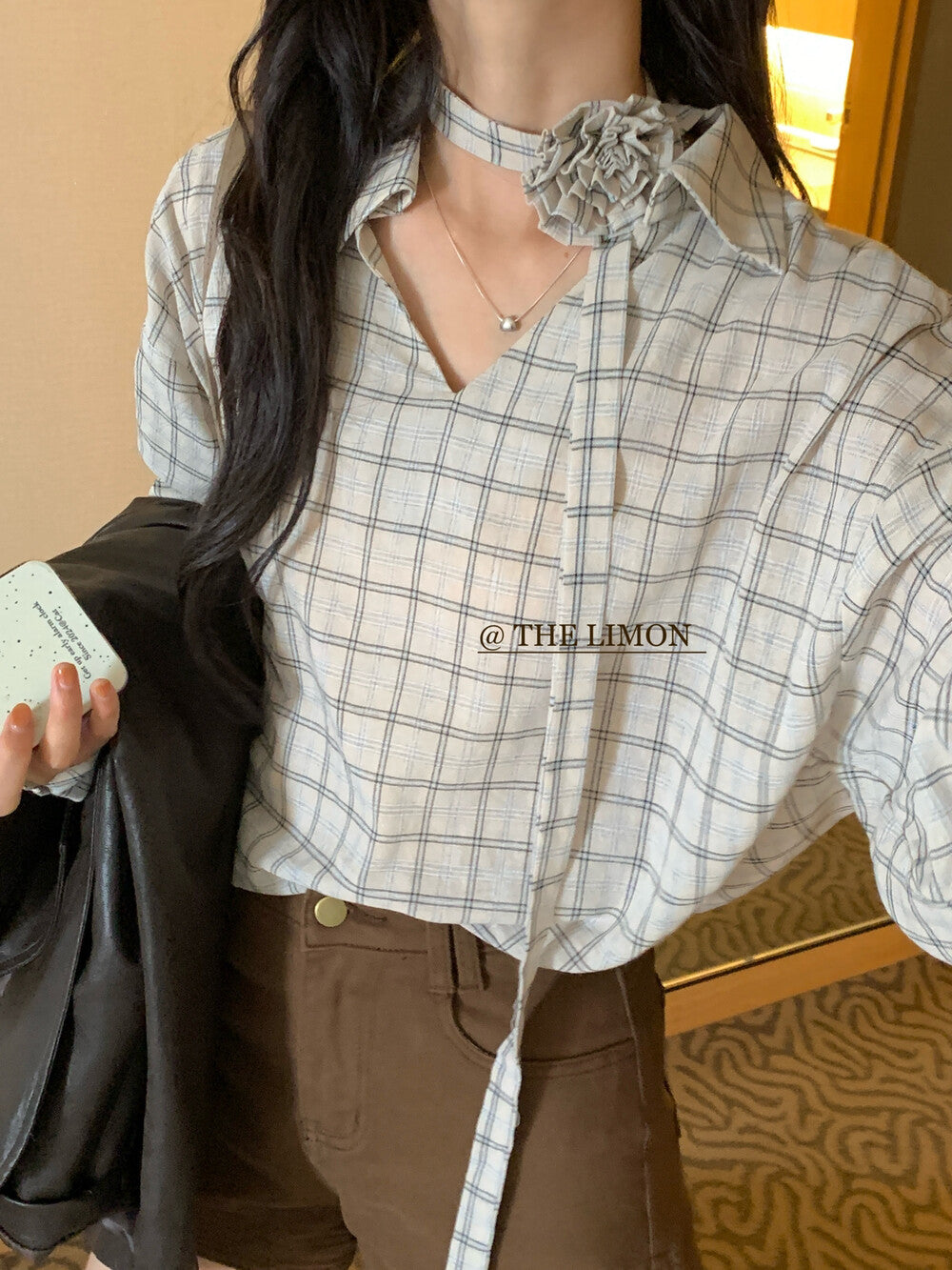 【L9113】實拍檸檬家早秋法式時髦復古格紋長袖襯衫+胸花可拆250901