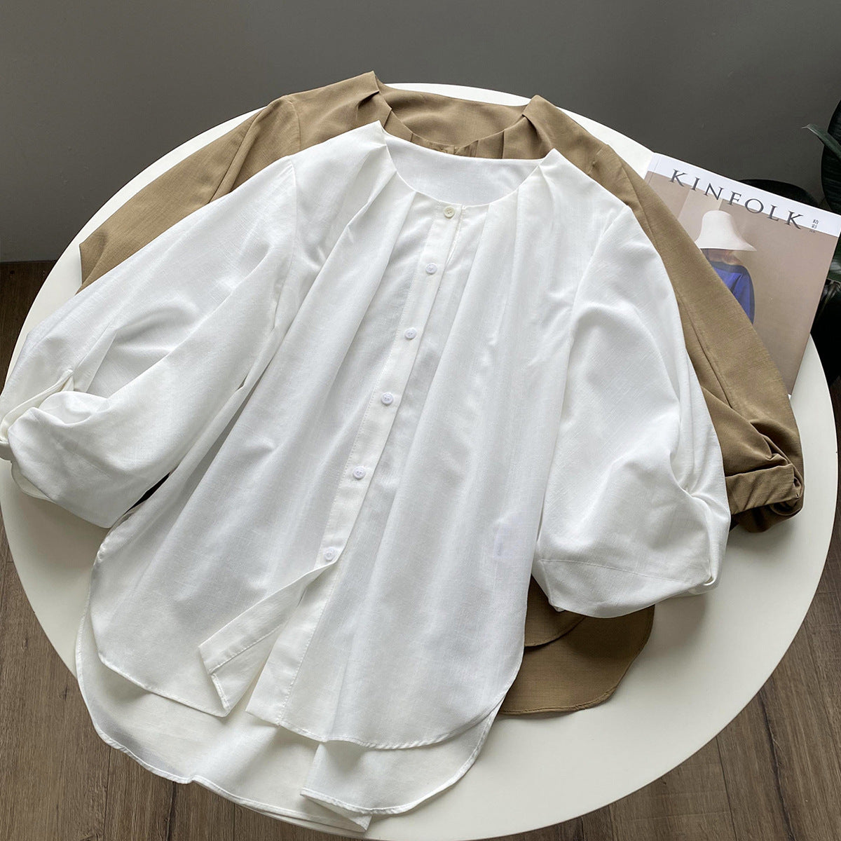 【Y80226】實拍簡約寬鬆薄款棉燈籠袖襯衫(棉)YY25早春